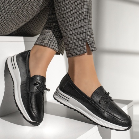 Pantofi casual dama cu siret elastic si perforatii negri MOD13112, 3, modlet.ro