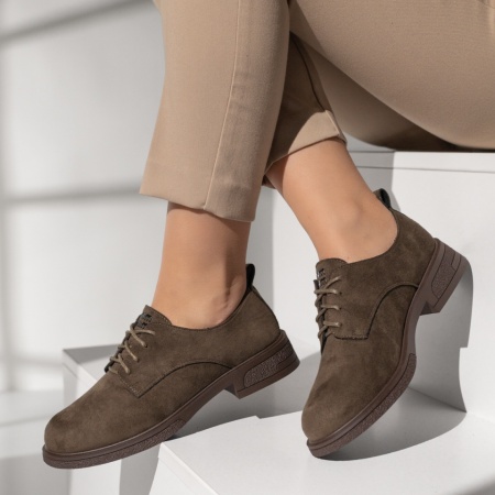 Pantofi casual dama cu siret khaki suede MOD14292, 2, modlet.ro