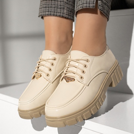 Pantofi dama, Pantofi casual dama cu siret si talpa groasa bej MOD13106, modlet.ro