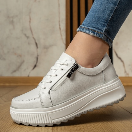 Pantofi casual dama cu talpa groasa albi din Piele naturala ZEF13031