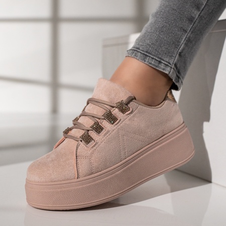Pantofi casual dama cu talpa groasa roz suede MOD11734, 2, modlet.ro
