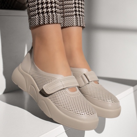 Pantofi casual dama cu talpa groasa si inchidere cu scai bej MOD13379, 3, modlet.ro