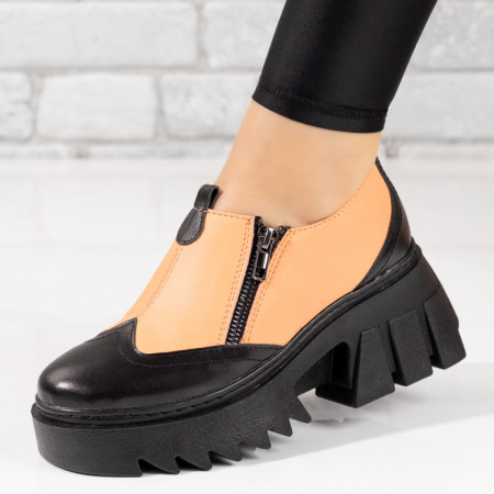 Pantofi casual dama portocaliu cu negru si talpa groasa din Piele naturala MDL09640