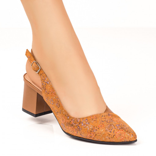 Pantofi dama, Pantofi cu toc dama galbeni cu imprimeu floral din Piele naturala ZEF07639 - zeforia.ro