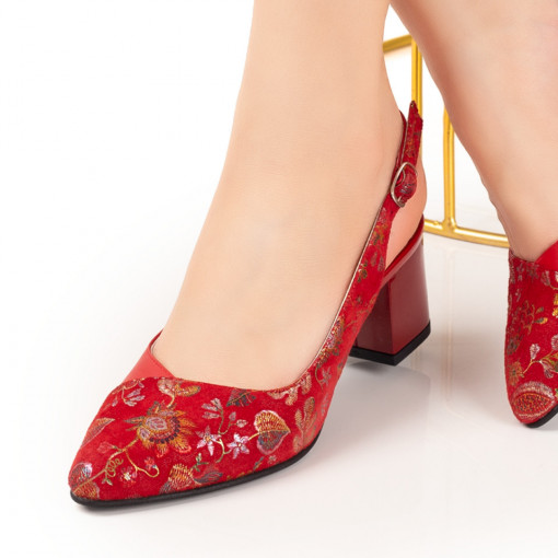 Pantofi dama, Pantofi cu toc dama rosii cu imprimeu floral din Piele naturala ZEF07639 - zeforia.ro