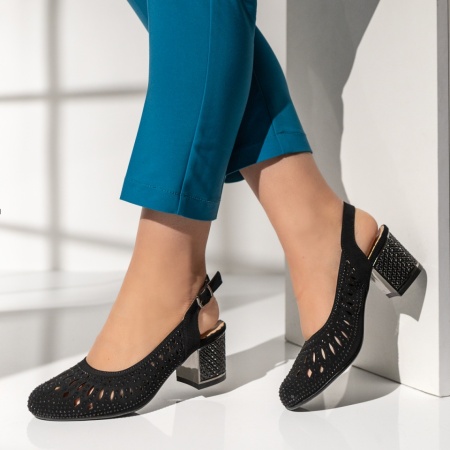 Pantofi cu toc dama si strasuri negri suede ANA21, 2, modlet.ro