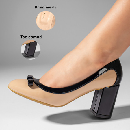 Pantofi cu toc gros dama, Pantofi cu toc gros bej cu negru luciosi MOD10986, modlet.ro