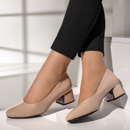 Pantofi cu toc gros dama bej cu aspect lucios MOD12115, 2, modlet.ro