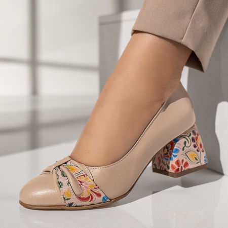 Pantofi cu toc gros dama, Pantofi cu toc gros dama bej din Piele naturala MOD12050, modlet.ro