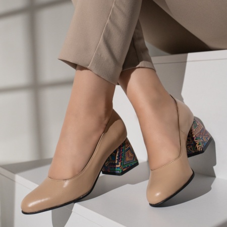 Pantofi cu toc gros dama bej inchis din Piele naturala MOD12048, 4, modlet.ro