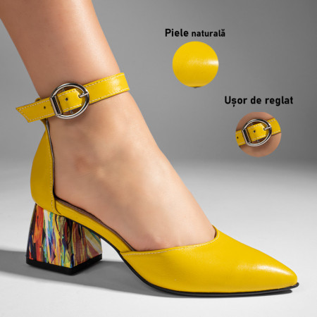 Pantofi cu toc gros dama galbeni din Piele naturala MOD11066, 3, modlet.ro