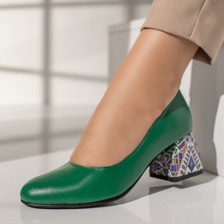 Pantofi cu toc gros dama, Pantofi cu toc gros dama verzi din Piele naturala MOD12048, modlet.ro