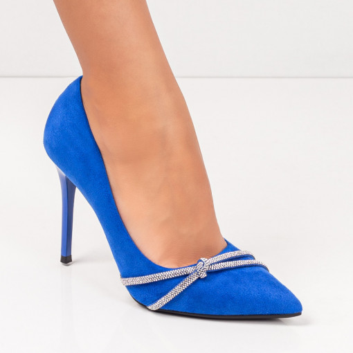 Pantofi dama albastri Stiletto cu toc subtire si pietre aplicate ZEF06138