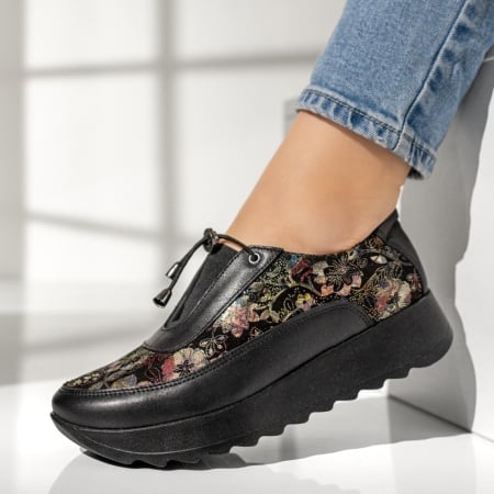 Pantofi dama casual cu siret elastic si imprimeu negri din Piele naturala ZEF00300