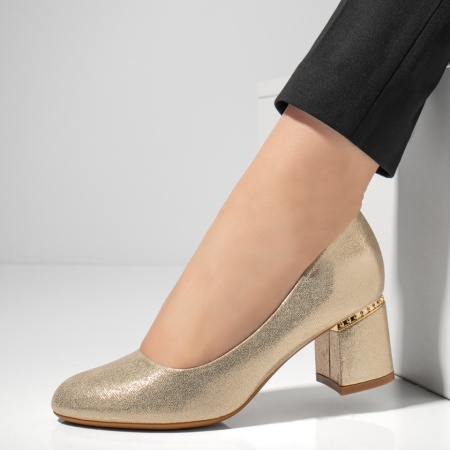 REDUCERI INCALTAMINTE, Pantofi dama cu toc gros aurii MOD05773, modlet.ro