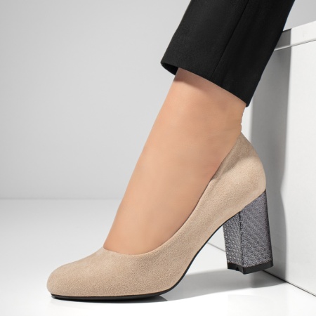 Pantofi dama, Pantofi dama cu toc gros bej suede MOD02830, modlet.ro
