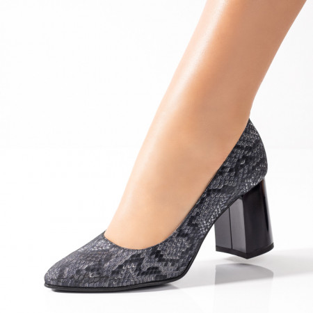 Pantofi dama cu toc gros gri cu print din Piele naturala MDL09534