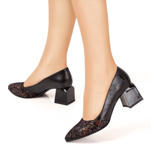 Pantofi dama cu toc gros negre din Piele naturala MDL07649