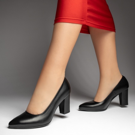 Pantofi cu toc gros dama, Pantofi dama cu toc gros negri din Piele naturala MOD13484, modlet.ro