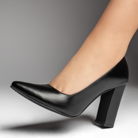 Pantofi dama cu toc gros negri din Piele naturala ZEF13475