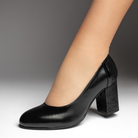 Pantofi dama cu toc gros negri si imprimeu din Piele naturala ZEF13469