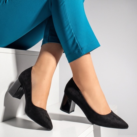 Pantofi dama cu toc gros negru suede IRIS37, 3, modlet.ro