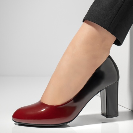 Pantofi dama, Pantofi dama cu toc gros rosu cu negru luciosi MOD01371, modlet.ro