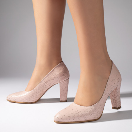 Pantofi dama cu toc gros roz cu imprimeu din Piele naturala MOD10220, 2, modlet.ro