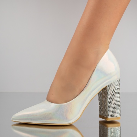 Pantofi dama cu toc gros si aplicatii cu pietre argintii cu reflexii MOD11938, 3, modlet.ro