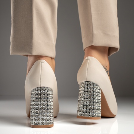 Pantofi dama cu toc gros si aplicatii cu pietre bej MOD12031, 2, modlet.ro