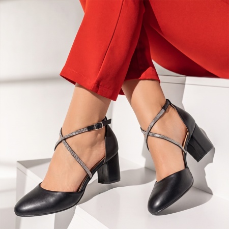 Pantofi dama cu toc gros si barete negru LIA100, 3, modlet.ro