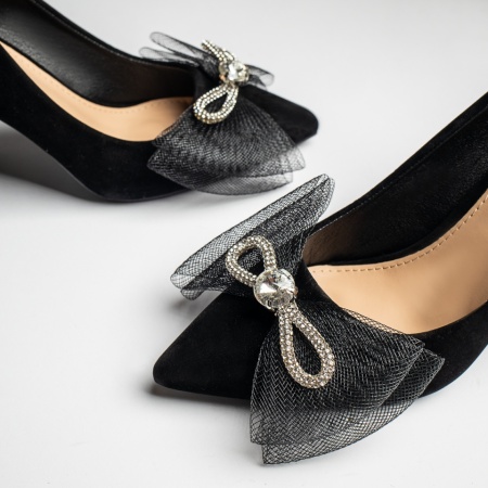 Pantofi dama cu toc gros si fundita negru suede MOD10991, 4, modlet.ro