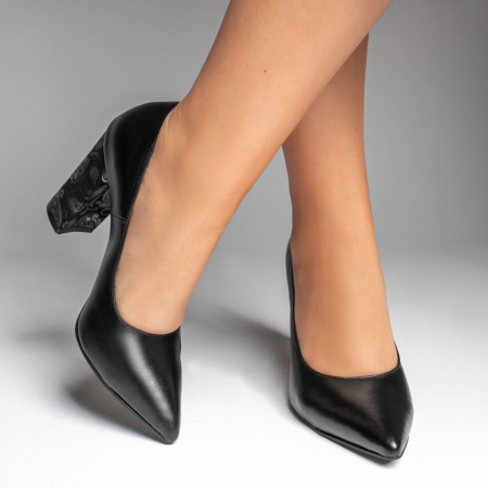 Pantofi dama cu toc gros si imprimeu negri din Piele naturala MOD12738, 2, modlet.ro