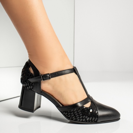 Pantofi dama cu toc gros si imprimeu negri din Piele naturala MOD13600, 4, modlet.ro