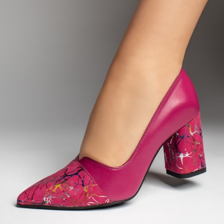 Pantofi dama cu toc gros si imprimeu roz din Piele naturala MOD13133, 4, modlet.ro
