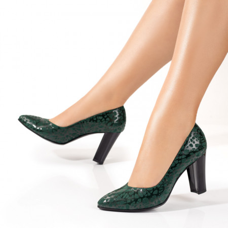 Reduceri incaltaminte dama, Pantofi dama cu toc gros si imprimeu verzi din Piele naturala ZEF09849 - zeforia.ro
