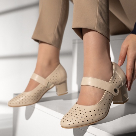 Pantofi dama cu toc gros si perforatii bej MOD11467, 2, modlet.ro