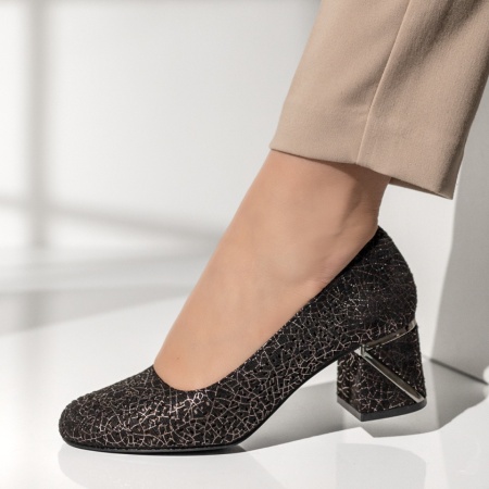 Pantofi dama cu toc gros si print negri ANA84, 2, modlet.ro