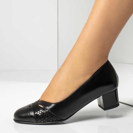 Pantofi dama cu toc gros si print negri din Piele naturala MOD13957, 2, modlet.ro