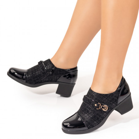 Pantofi cu toc gros dama, Pantofi dama cu toc gros si varf lucios negri ZEF10606 - zeforia.ro