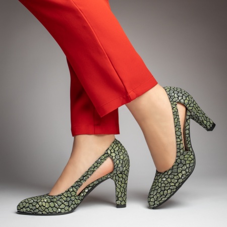 Pantofi dama cu toc gros verde cu imprimeu din Piele naturala MOD13129, 3, modlet.ro