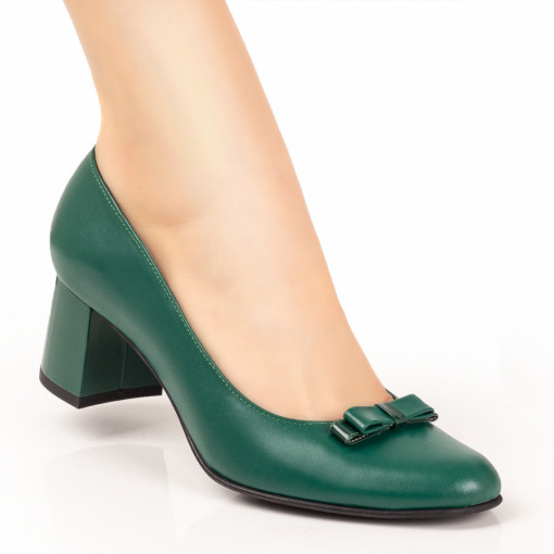 Pantofi dama, Pantofi dama cu toc gros verzi cu fundita din Piele naturala ZEF07634 - zeforia.ro