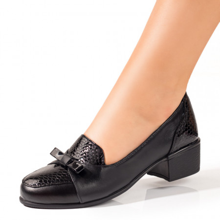 Pantofi cu toc mic dama, Pantofi dama cu toc mic negri cu funda din Piele naturala ZEF10218 - zeforia.ro