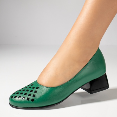 Pantofi dama cu toc mic verzi din Piele naturala MOD12144, 2, modlet.ro