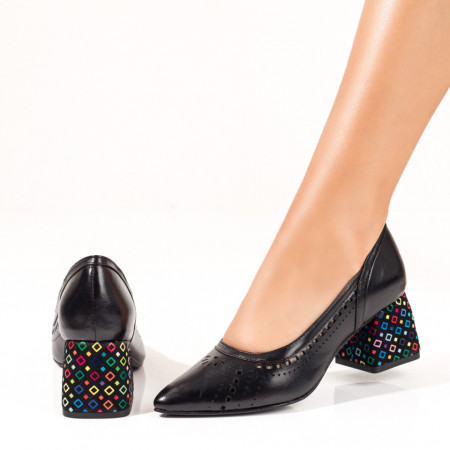 Pantofi cu toc, Pantofi dama cu toc multicolor si perforatii negri din Piele naturala ZEF10240 - zeforia.ro