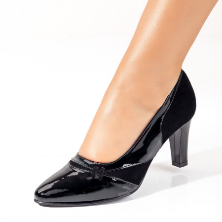 Pantofi cu toc, Pantofi dama cu toc negri suede si varf lucios din Piele naturala ZEF10244 - zeforia.ro