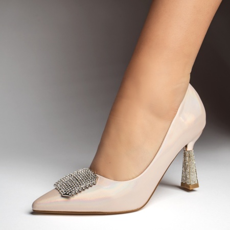 Pantofi dama, Pantofi dama cu toc si aplicatii cu pietre roz cu reflexe MOD12759, modlet.ro