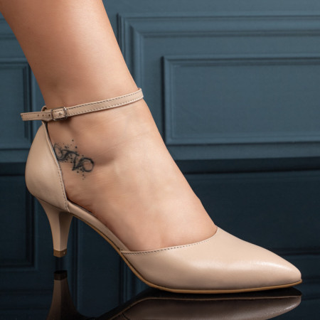 Pantofi dama, Pantofi dama cu toc si bareta bej din Piele naturala MOD11064, modlet.ro
