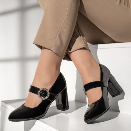 Pantofi dama cu toc si bareta negri luciosi MOD10596, 2, modlet.ro