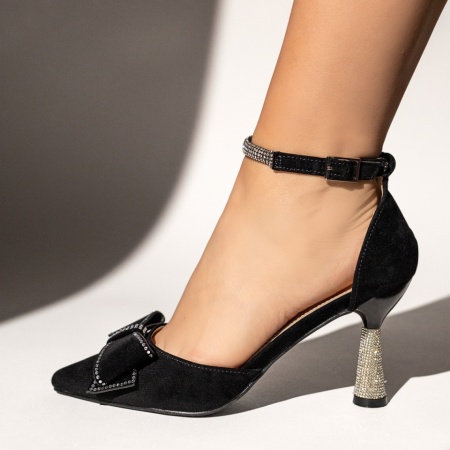 Pantofi dama cu toc si bareta negru suede LIA19, 3, modlet.ro